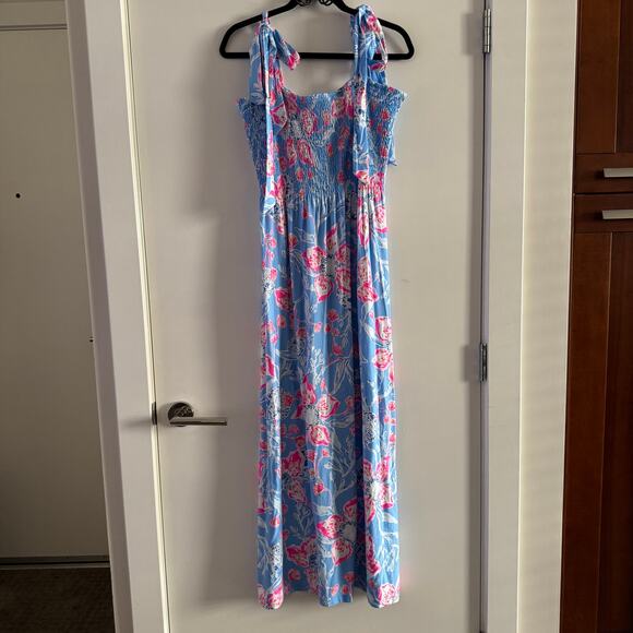 New Lilly Pulitzer Kailua Smocked Maxi Dress Blue Floral Smocked Tie Strap Sz XL - Picture 4 of 11